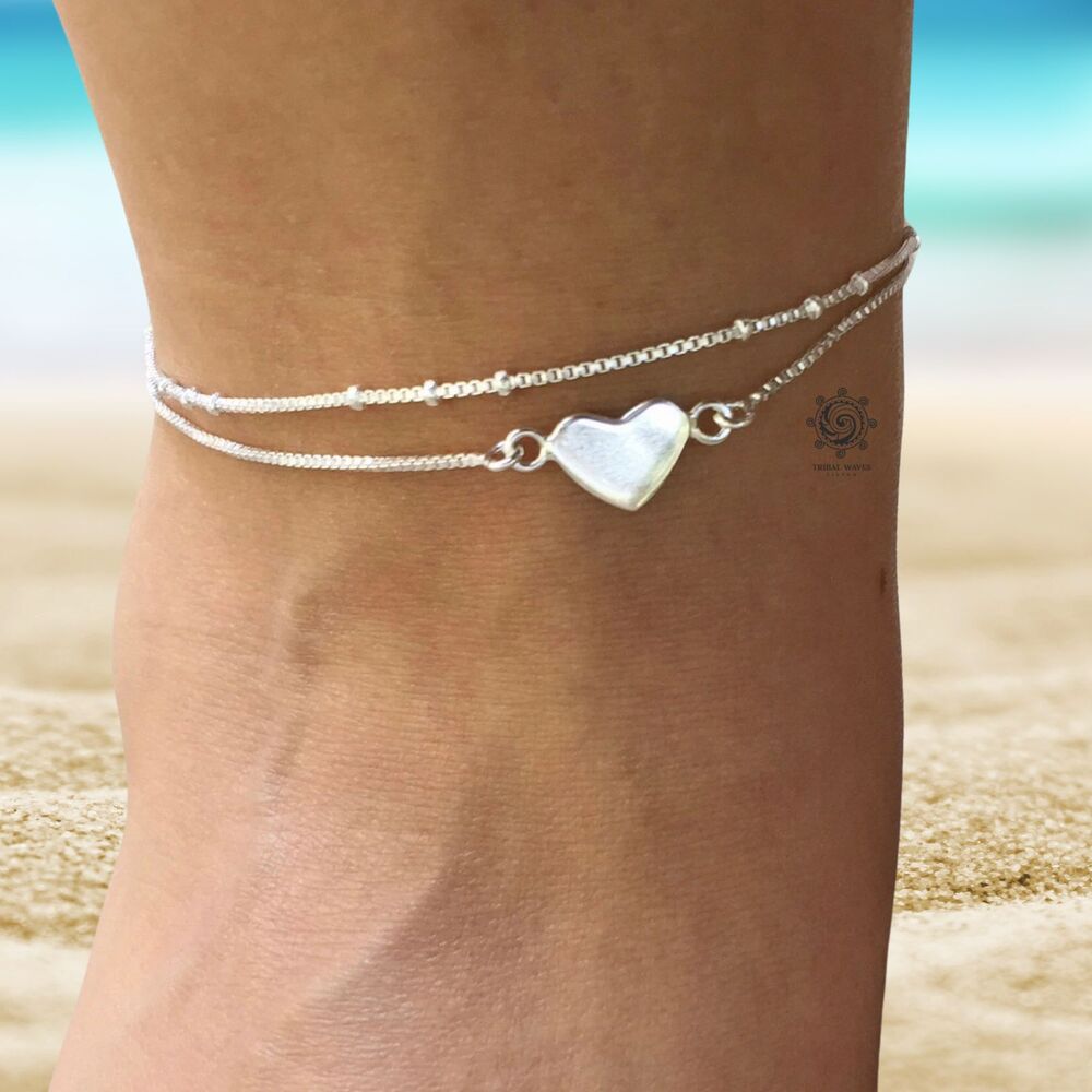 Double Strand Heart Anklet Sterling Silver 10" or 12"